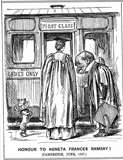 Mr Punch bows to Agneta Frances Ramsay who sat, and passed with First Class Honours, the papers set, but could not receive a degree as Cambridge did not award them to women at this time. George du Maurier cartoon from Punch, London, 2 July 1887. by George du Maurier