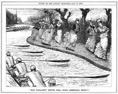 Roller skating very much in fashion. Lady students from Girton on the towpath waving to oarsmen rowing on the river. George du Maurier cartoon from Punch, London by George du Maurier