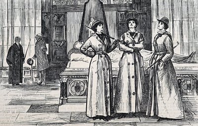 Three Women Wearing Full Length Coats, in a Museum by George du Maurier