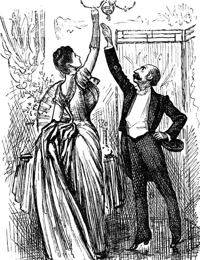 Upper-Class English Couples Trying to Reach Up to a Gas Lamp by George du Maurier