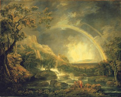 Extensive Wooded River Landscape, with Anglers Beside a Pool Below a Waterfall, and a Rainbow by George the Elder Barret