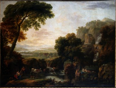 Italianate Landscape with a Capriccio View of Tivoli, a Shepherd and Shepherdess and Cattle by George the Elder Barret