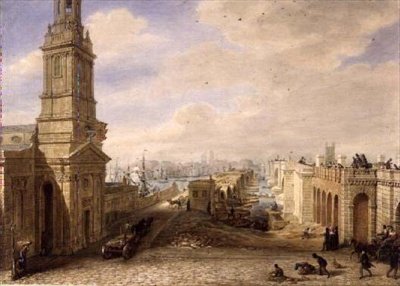Old London Bridge with the Construction of the New Bridge Beside It by George the Elder Scharf