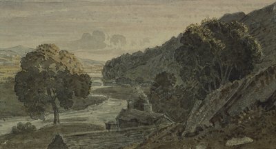 Evening, landscape, with cottage and river by George the Younger Barret