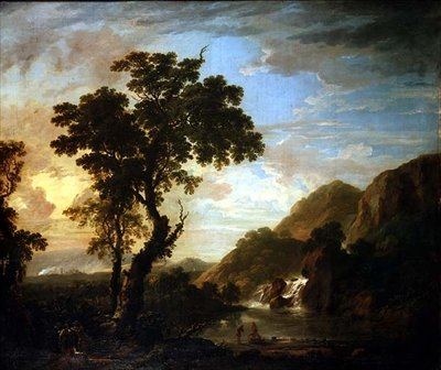 Wooded river landscape with figures in the foreground and cascade beyond by George the Younger Barret