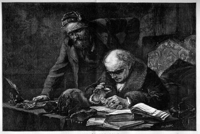 An egyptologist studying an archeological piece from Egypt in his office. Engraving by Baude from a painting by Moreau de Tours. Engraving in 