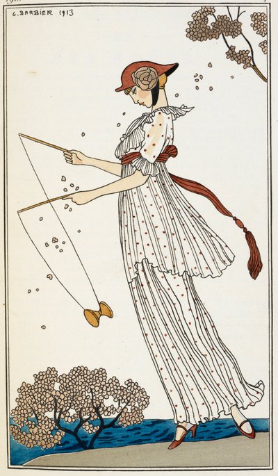 A Woman Wearing a Printed White Linen Dress, Playing with a Toy by Georges Barbier