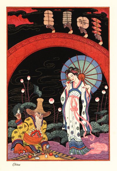 A Young Woman with Lacquer Parasol Smelling a Perfume Flask by Georges Barbier