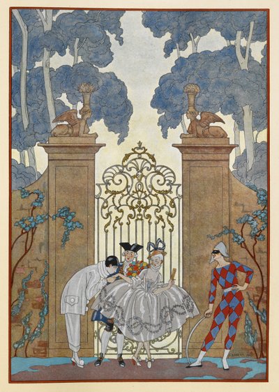 Colombine. People standing outside a gate. A Pierrot. by Georges Barbier