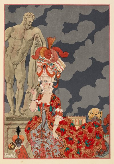 Procession. An Attractive Woman Wearing a Red Dress and Elaborate Hat, with a Small Monkey and Boy by Georges Barbier