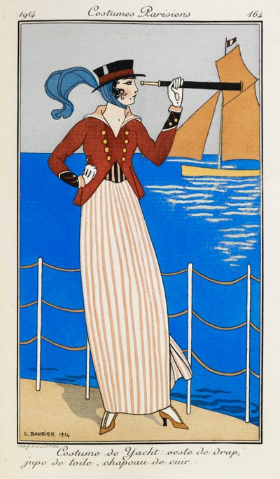 Yacht Costume: Red Cloth Jacket, Stripey Linen Skirt, Leather Hat and Blue Scarf by Georges Barbier