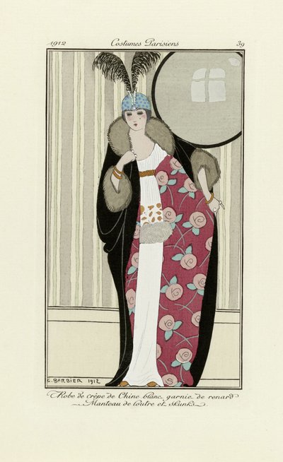 Design for Dress Made from Crepe de Chine and Fur Coat, from Costumes Parisien by Georges Barbier