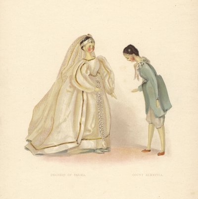 Dolls of the Duchess of Parma and Count Almaviva, from The Barber of Seville, dressed by young Princess Victoria. Color plate after an illustration by Alan Wright from Frances H. Low