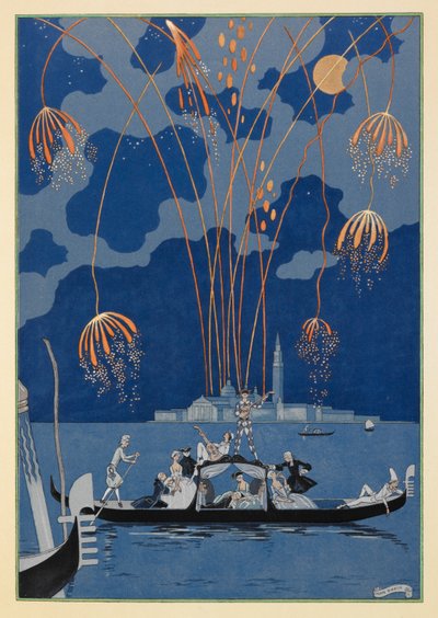 Fireworks in Venice. People in a gondola. by Georges Barbier