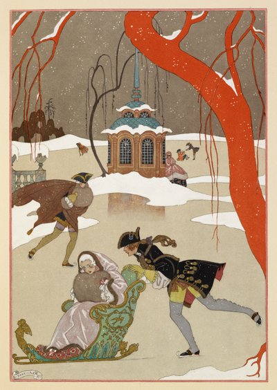 Ice Skating. A Woman Seated in a Sled by Georges Barbier