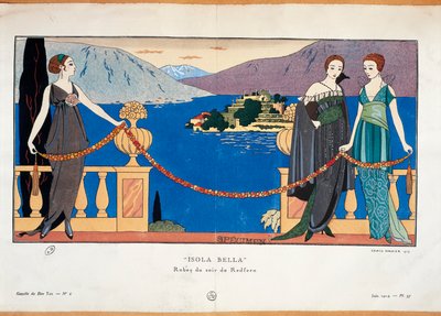Fashion Plate Depicting Ladies in Redfern Evening Dress and Borromean Isola Bella in the Background, Parisian Haute Couture Journal Gazette du Bon Ton by Georges Barbier