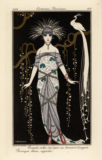 Grand Evening Dress in Silver Brocade, Blue Wig and Feathers by Georges Barbier