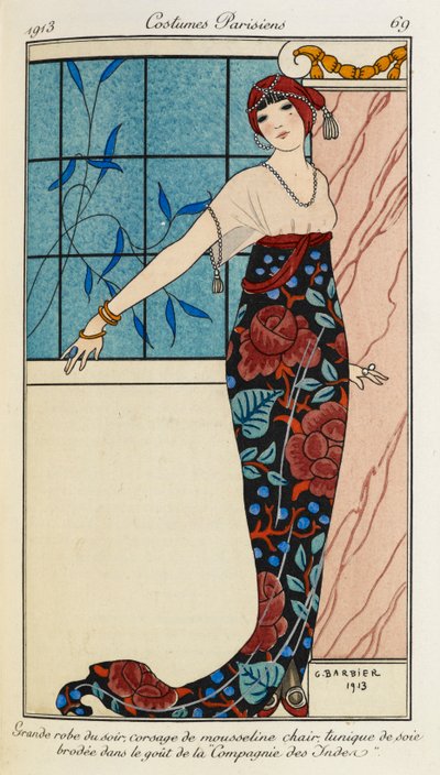 Evening Dress with Chiffon Bodice and Silk Embroidered Tunic by Georges Barbier
