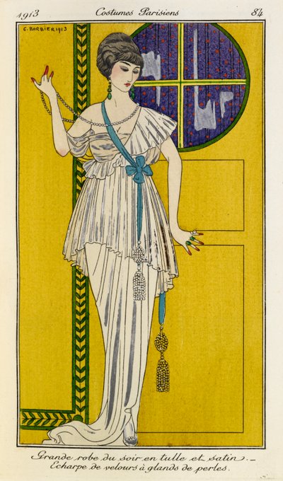White Evening Gown in Satin and Tulle with Blue Velvet Scarf (Costumes Parisiens no.37) by Georges Barbier