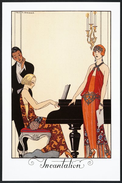Incantation, pianist and woman dressed in evening gowns, illustration from Falbalas et Fanfreluches, Almanac of 1923 by Georges Barbier