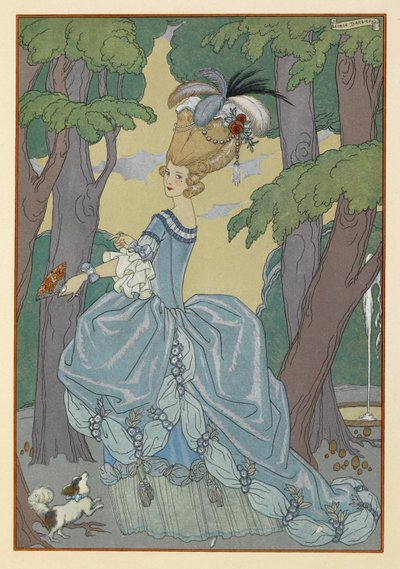 A beautiful woman with a small dog. The woman has an elaborate hairstyle, with feathers. by Georges Barbier