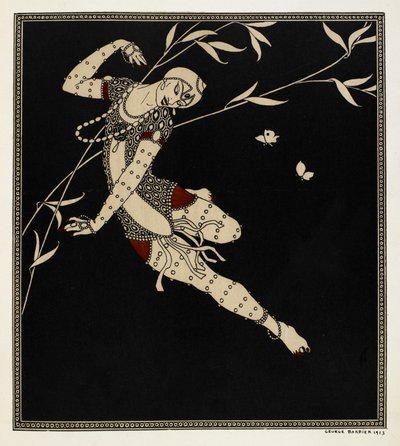 The Firebird is a 1910 ballet created by the composer Igor Stravinsky and choreographer Michel Fokine. The ballet is based on Russian folk tales. A heavily jeweled dancer is shown by Georges Barbier