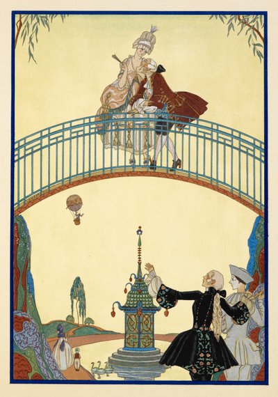 On the Walk. A Man and Woman on a Bridge. Pierrot Below. by Georges Barbier