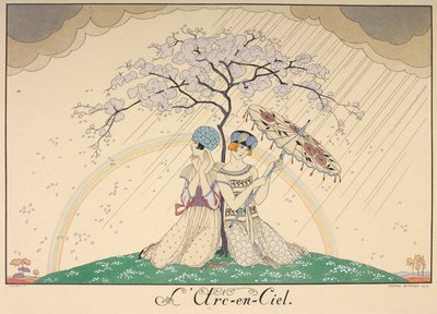 The Rainbow. Two Women Sheltering from the Rain Under a Tree, a Rainbow in the Background by Georges Barbier