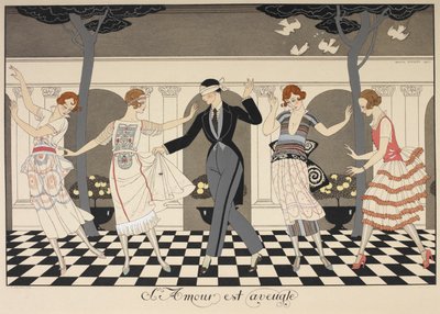 Love is Blind. A Blindfolded Man Dancing with Four Women by Georges Barbier
