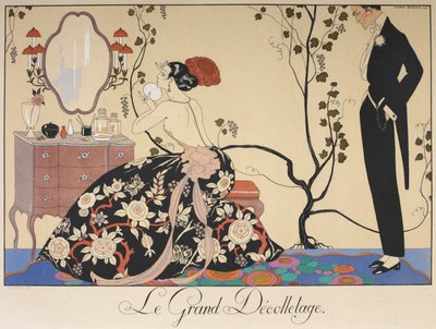 A woman sitting at her dressing table, admired by a man by Georges Barbier