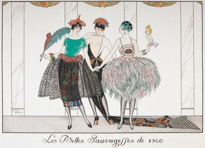 The Beautiful Savages of 1920. Three Women in a Line Wearing Exotic Dresses by Georges Barbier