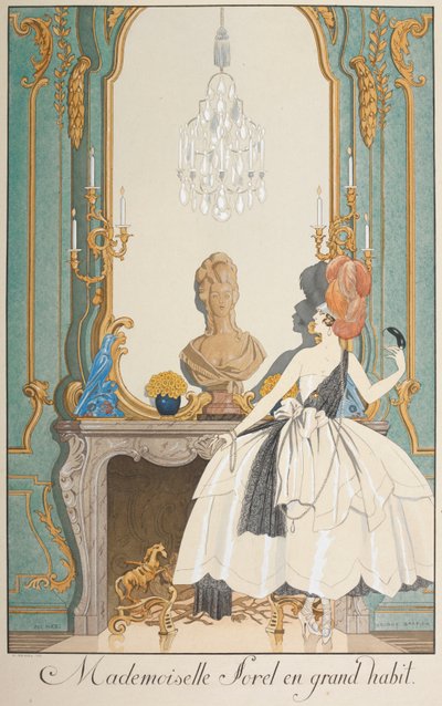Mademoiselle Sorel in grand habit. A woman standing in front of a fireplace. by Georges Barbier