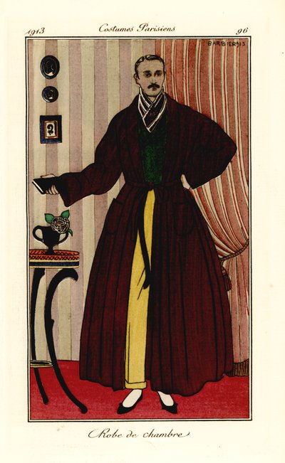 Man in dressing gown over yellow trousers and green waistcoat by Georges Barbier