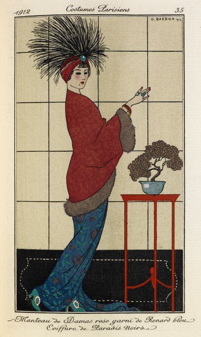 Damascus Pink Coat Lined with Fur and Feathered Headdress (Costumes Parisiens no.35) by Georges Barbier