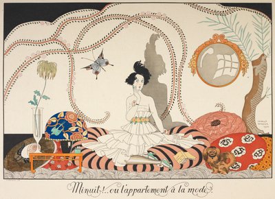 Midnight! Or the Fashionable Apartment. A Woman Sitting Among Many Cushions with Her Pet Dog by Georges Barbier