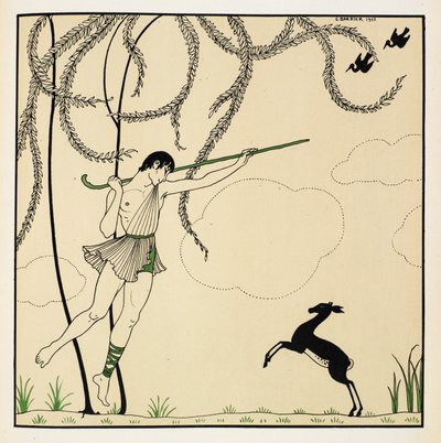 Narcisse. Scene from Narcisse, a classical ballet performed in one act. Narcisse premiered in 1911 in Monte Carlo. The boy is in the air dancing, carrying a shepherd