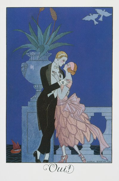 Oui, Two young fiances in evening dress, lithograph from Falbalas et Fanfreluches, Almanach des Modes Presentes, Passees et Futures by Georges Barbier