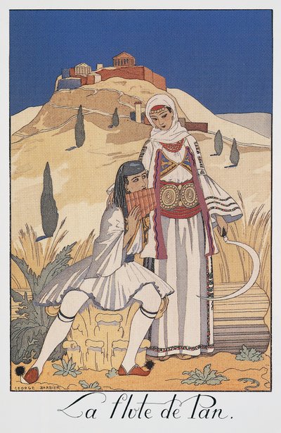 Pan flute player depicting traditional Greek costumes by Georges Barbier