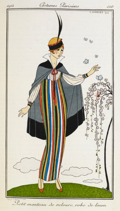 Woman wearing a small velvet cloak, with a striped linen dress, orange t-bar shoes, and a hat trimmed with black and red. Costumes Parisiens. by Georges Barbier