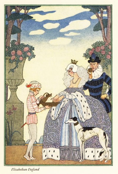 Queen Elizabeth washes her hands in a bowl held by her page boy. 1928 by Georges Barbier