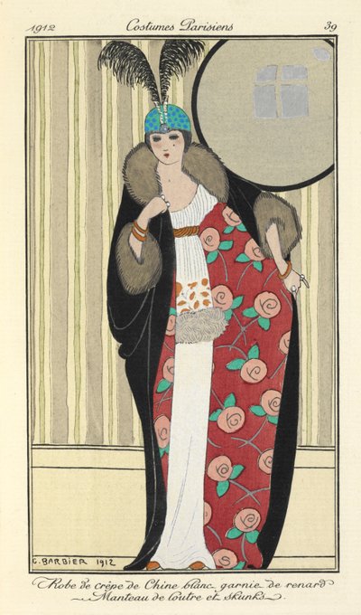 "White Crêpe de Chine Dress Trimmed with Fox. Otter and Skunk Coat" by Georges Barbier