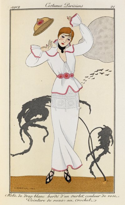 Woman is wearing a dress of white cloth trimmed with a rose-colored hem and a pink belt. She is also wearing black heels and a black necklace. Costumes Parisiens no.21 by Georges Barbier