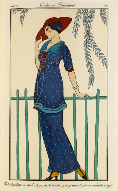 Beach Dress with Raw Silk Scarf and Red Hat by Georges Barbier