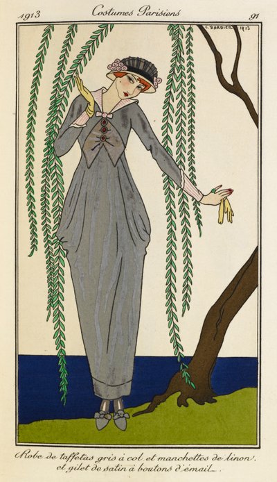 Woman wearing a taffeta dress with gray collar and cuffs of linen and a waistcoat of satin with enamel buttons. Costumes Parisiens no.39 by Georges Barbier