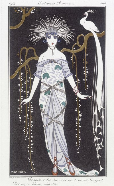 Silver Brocade Evening Dress and Wig - Illustration by George Barbier (1882-1932) in 