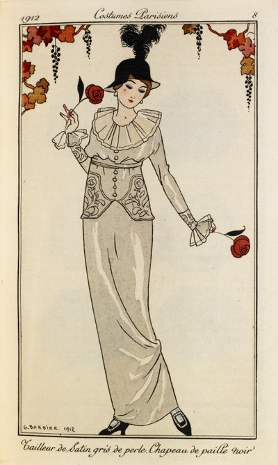 Pearl Grey Satin Dress and Black Straw Hat (Costumes Parisiens no.8) by Georges Barbier