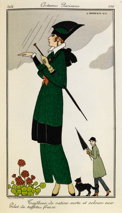 Woman wearing a tailored outfit of green and black silk, with a strawberry silk waistcoat. Person in a trench coat with an umbrella and a dog in the background. Costumes Parisiens. by Georges Barbier