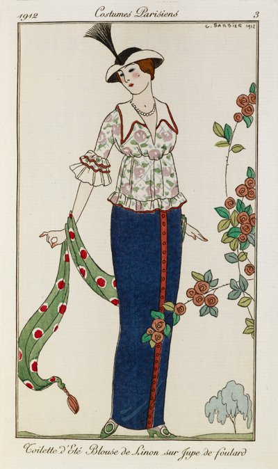 Summer blouse and skirt. A woman wearing a summer blouse and skirt. She holds a green scarf. She wears a hat with a feather. by Georges Barbier