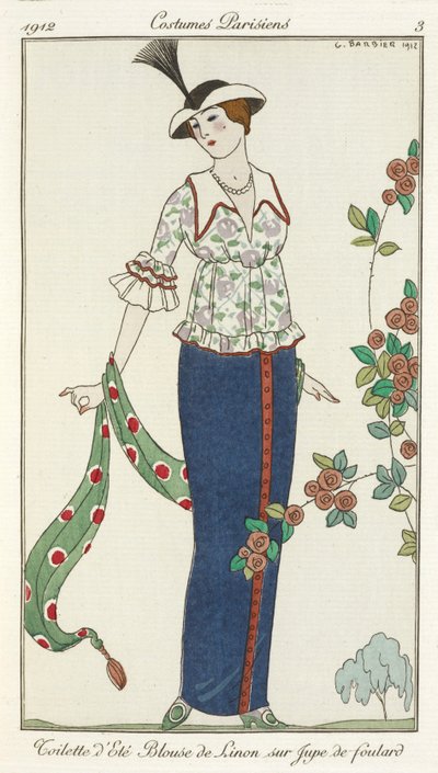 Summer dress. Linen blouse worn over a hobble skirt. by Georges Barbier