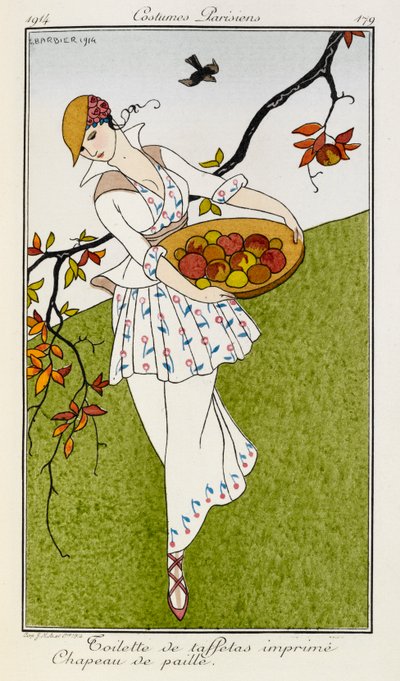 Printed Taffeta Outfit and Straw Hat. Costumes Parisiens No.179 by Georges Barbier